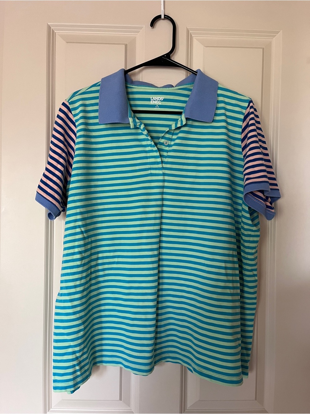Lands' End Striped Polo in Aqua, Turquoise & Blue with Pink-Accent Sleeves